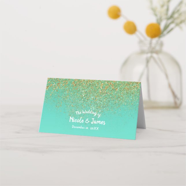 Cascading Guld Glitter Turkos Aqua Party Bord Stol Placeringskort (Framsida)