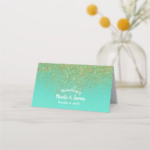 Cascading Guld Glitter Turkos Aqua Party Bord Stol Placeringskort