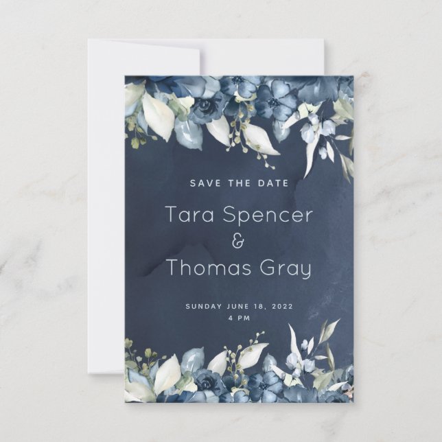 Cascading Navy Peony Bröllop Spara Datumet (Framsida)
