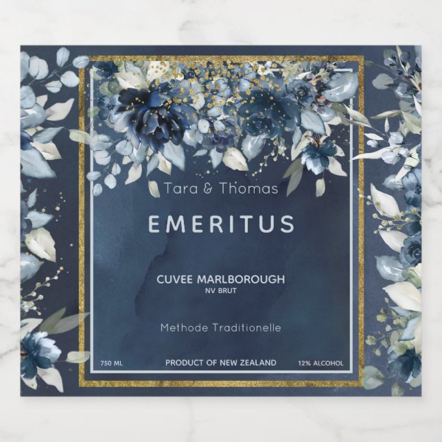 Cascading Peonies Bröllop marin Sparkling Vin Labe (Enkel etikett)