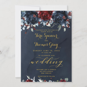 Cascading Peonies Burgundy Navy Guld Bröllop Inbjudningar