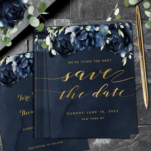Cascading Peonies Guld Bröllop spara datum Card Spara Datumet (Cascading Peonies Gold Wedding Save The Date Card Navy Blue)