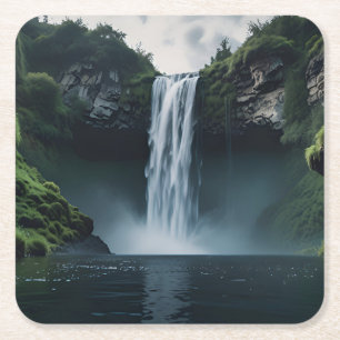 Cascading Waterfall amidst Lush Greenery Underlägg Papper Kvadrat