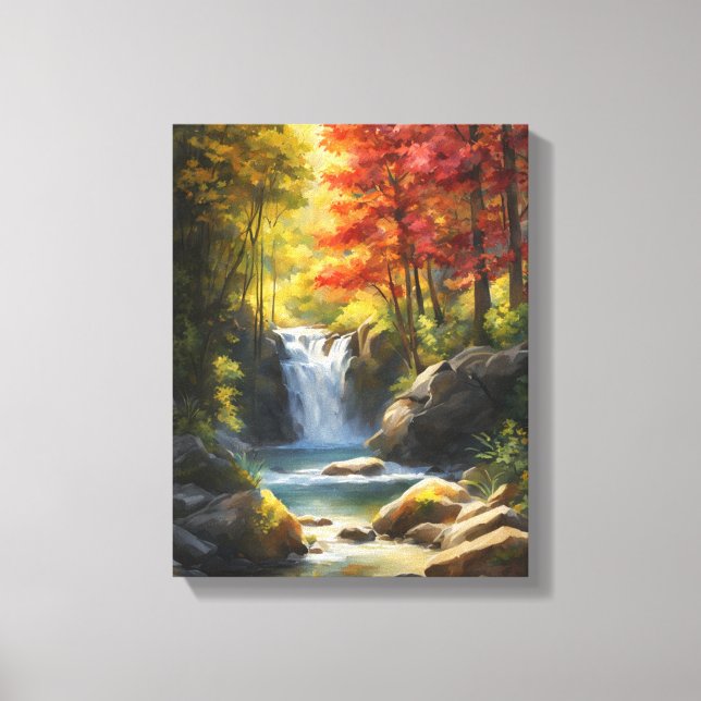 Cascading Waterfall i Vibrant Autumn Forest Canvastryck (Framsida)