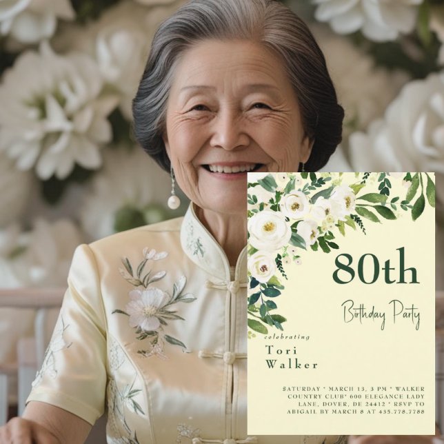 Cascading White Blommigt Gult 80 födelsedagar Inbjudningar (Skapare uppladdad)