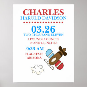 CASEY'S ABC Airplan Birth Notification Wall Skriv Poster