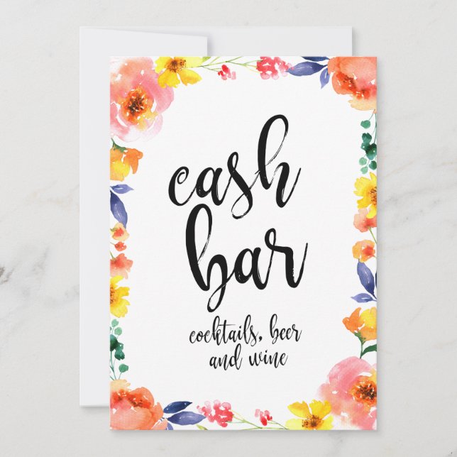 Cash Bar Prisvärt Boho Blommig Bröllopsskylt (Framsida)