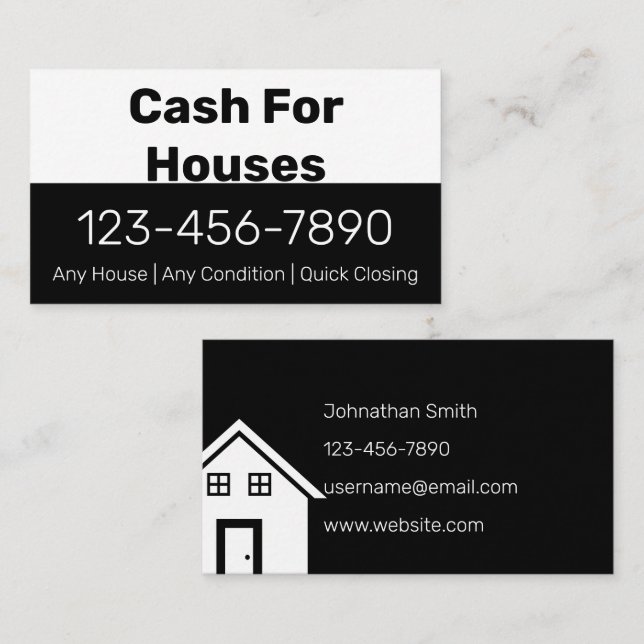 Cash For Houses Black and White Buyer Contact Info Visitkort (Fram/baksida)