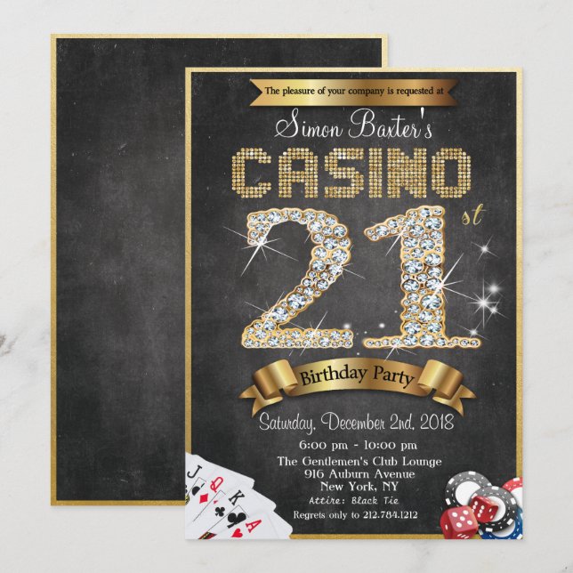 Casino 21-års Guld Diamant Födelsedagsinbjudan Inbjudningar (Fram/baksida)