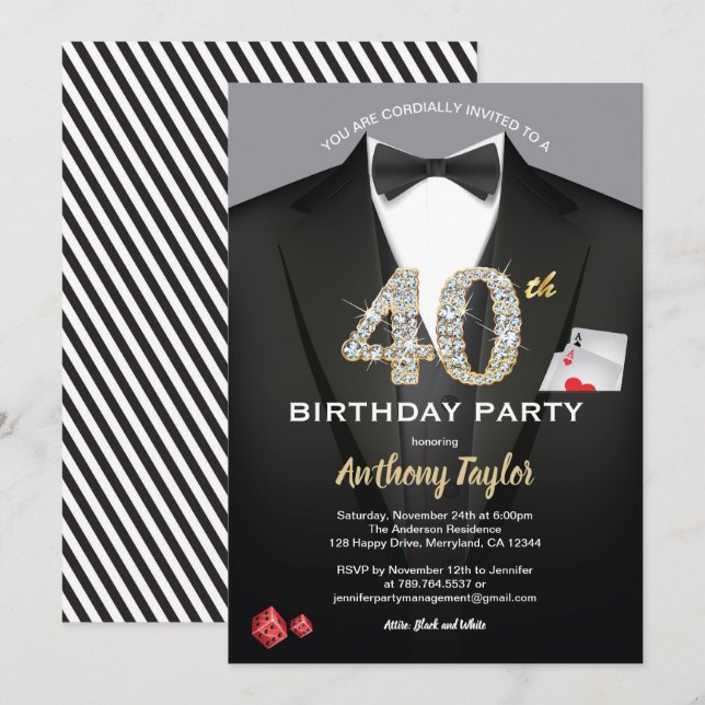 Casino 40-årsdag. Svarta och guld Inbjudningar (Fram/baksida)