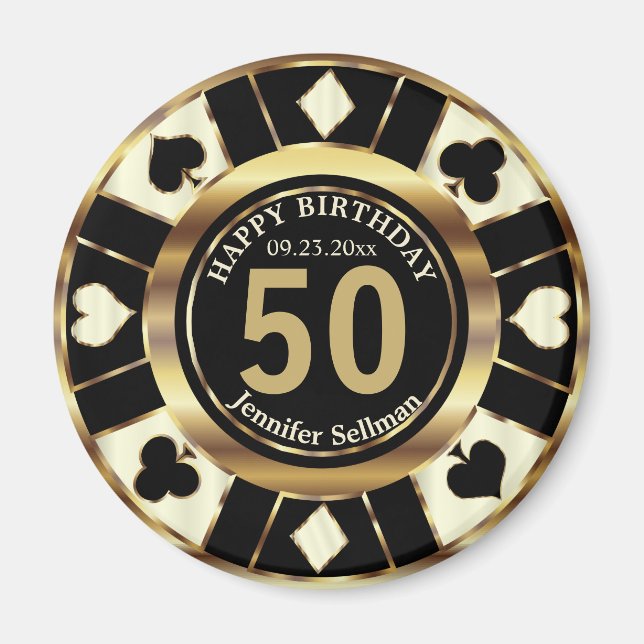 Casino Chip Las Vegas Birthday - Cream och Guld Magnet (Framsidan)
