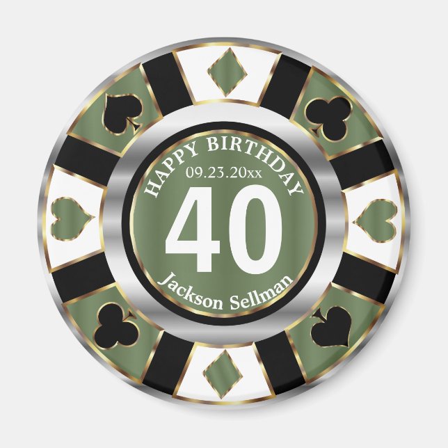 Casino Chip Las Vegas Birthday - Grönt Magnet (Framsidan)