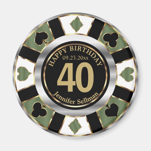 Casino Chip Las Vegas Birthday - Grönt Magnet (Framsidan)