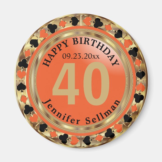 Casino Chip Las Vegas Birthday - Orange och Guld Magnet (Framsidan)