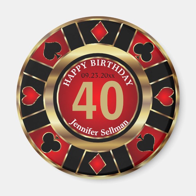 Casino Chip Las Vegas Birthday - Red och Guld Magnet (Framsidan)