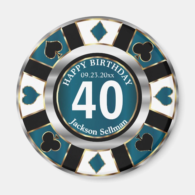Casino Chip Las Vegas Birthday - Teal Blue Magnet (Framsidan)
