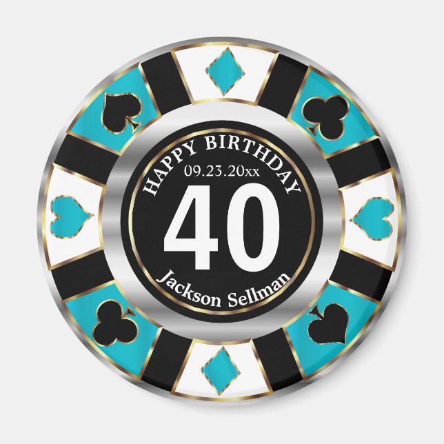 Casino Chip Las Vegas Birthday - Turquise Blue Magnet (Framsidan)