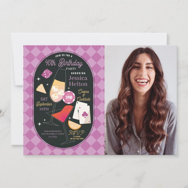 Casino Cocktails Las Vegas Birthday Photo Rosa Inbjudningar (Framsida)