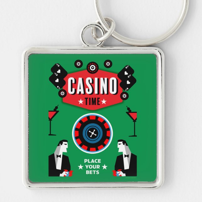 Casino Gambling Poker Roulette Fyrkantig Silverfärgad Nyckelring (Framsidan)