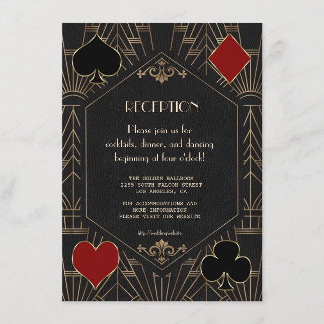 Casino Gold Black 20s Gatsby Wedding Reception Tilläggskort (Framsida)