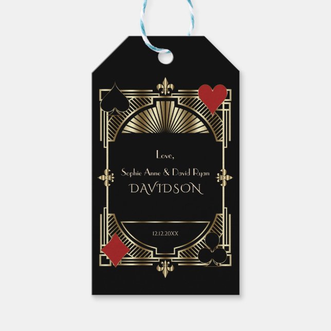 Casino Guld Black Art Deco Roaring 20-tal Bröllop Presentetikett (Framsidan)