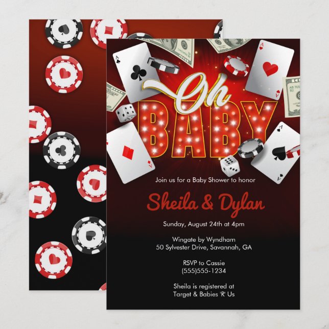 Casino Invitation, Casino Theme Baby Shower, Poker Inbjudningar (Fram/baksida)