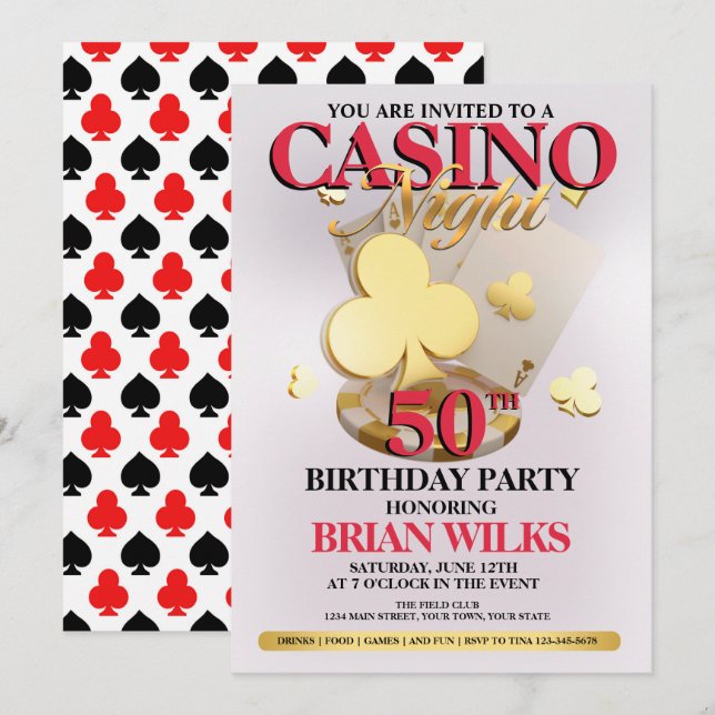 Casino Night Födelsedagsfest inbjudan (Fram/baksida)