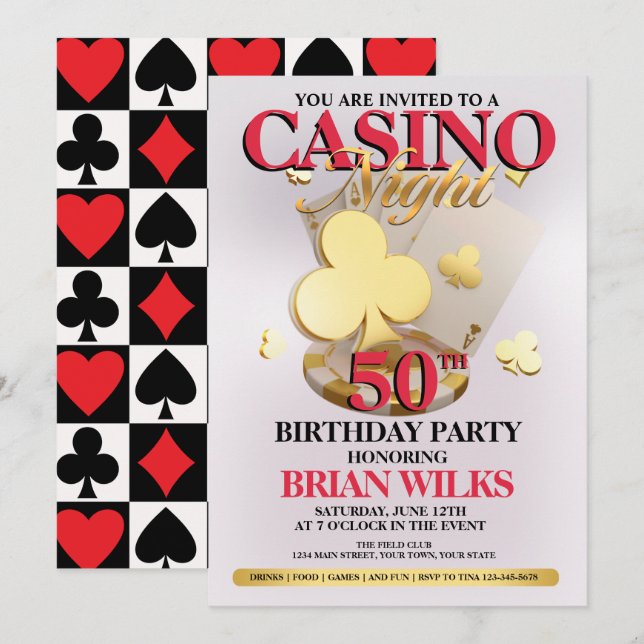 Casino Night Födelsedagsfest inbjudan (Fram/baksida)