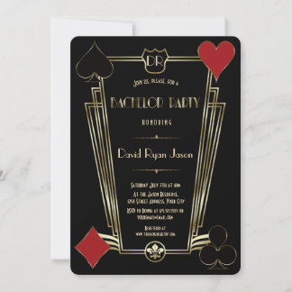 Casino Night Gold Art Deco Monogram Svärmoparty Inbjudningar