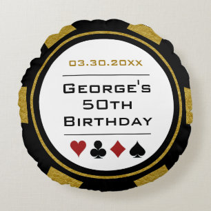Casino Poker Chip Black och Guld Birthday Rund Kudde