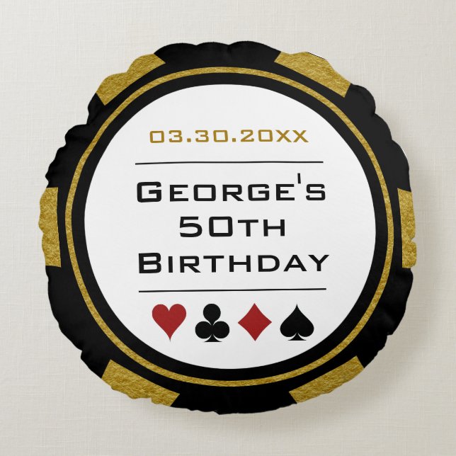 Casino Poker Chip Black och Guld Birthday Rund Kudde (Framsidan)