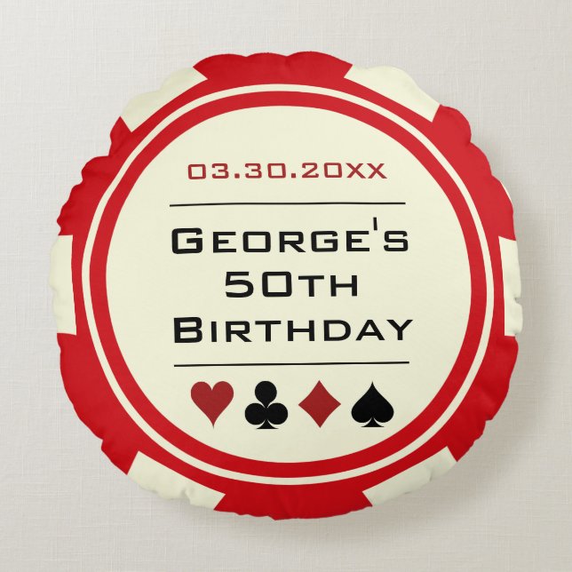 Casino Poker Chip Red och Cream Birthday Rund Kudde (Framsidan)