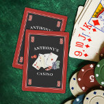 Casino Poker Party Personlig Casinokort<br><div class="desc">Personlig kasino eller poker party-temade spelkort med anpassningsbar och val av färg. Utformningen har kort-, dice- och poker-chip som visas i svart, rött och vitt. Ändringar kan göras i REDIT. ASSISTANS: Om du vill ha hjälp med designändring/anpassning, ändring av färg, överföring av designen till en annan produkt eller om du...</div>