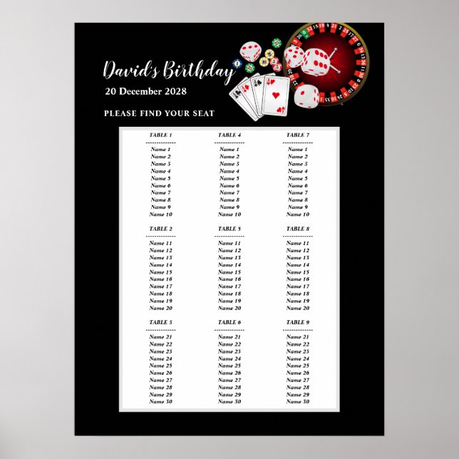 CASINO sittplatsskylt för fest, sittplats för föde Poster (Framsidan)