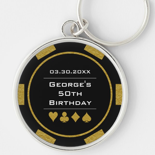Casino Theme Black Guld Poker Chip Rund Silverfärgad Nyckelring (Framsidan)