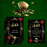 Casino Vegas Poker 50 och Fabulous Födelsedagsfest Tack Kort<br><div class="desc">Elegant Casino Royale och Art Deco 20:s tematkort. Den har vintage konst deco stil, en gammal Hollywood faux ram i 1920 med Fleur-de-lis, ett par tärningar, på faaux guld svart Art Deco mönster. Speciella formuleringar används som i pokerspel. Använda Anpassa verktyg för att lägga till information. För mer information, besök...</div>