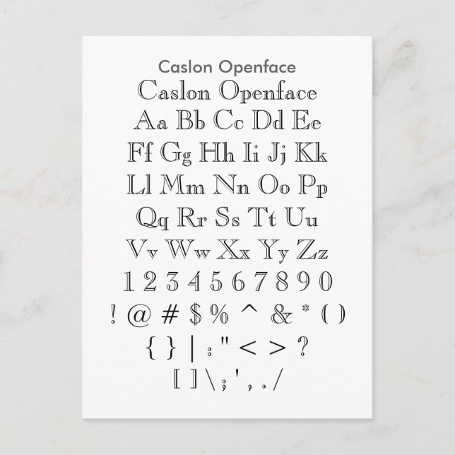 Caslon Open-face - Zazzle Font Sampler Lakan Vykort (Framsida)