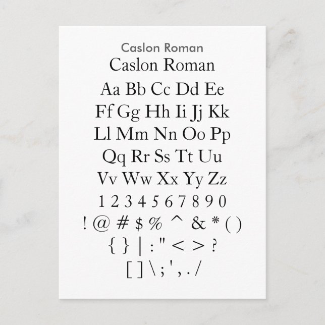 Caslon Roman - Zazzle Font Sampler Lakan Vykort (Framsida)
