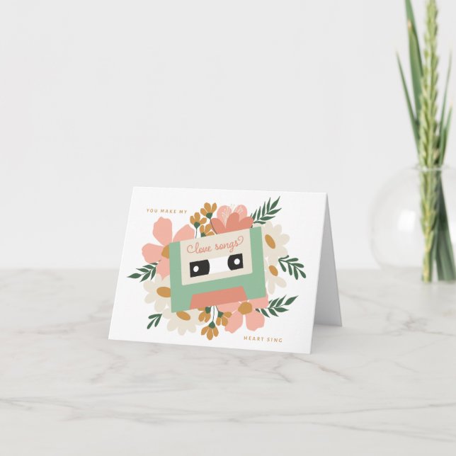 Cassette Blommigt Heart Sjunga Valentine Card Tack Kort (Framsida)
