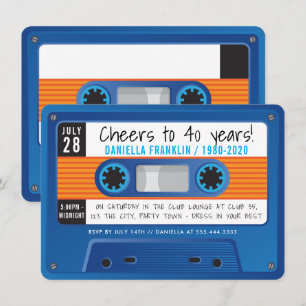CASSETTE TAPE modern discofödelsedag blå orange Inbjudningar