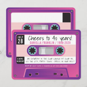 CASSETTE TAPE modern vintage diskofödelsedag lila Inbjudningar
