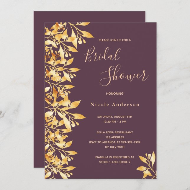 Cassis botanical lila script guld Möhippa Inbjudningar (Fram/baksida)