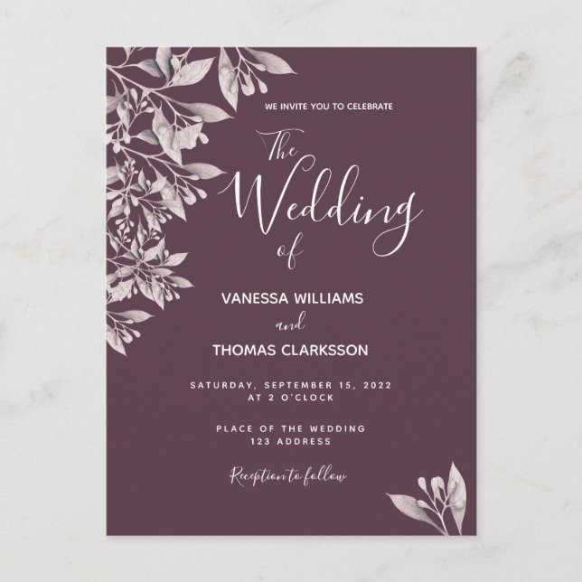 Cassis botaniska lila-manusinbjudan till bröllop vykort (Framsida)