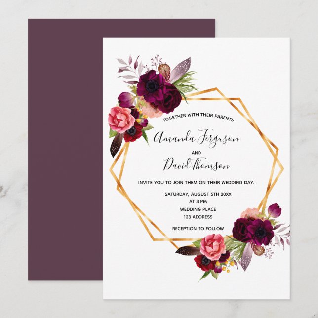 Cassis burgundy blommigt guld geometric bröllop inbjudningar (Fram/baksida)