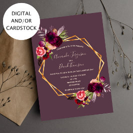 Cassis burgundy blommigt guld geometric bröllop inbjudningar