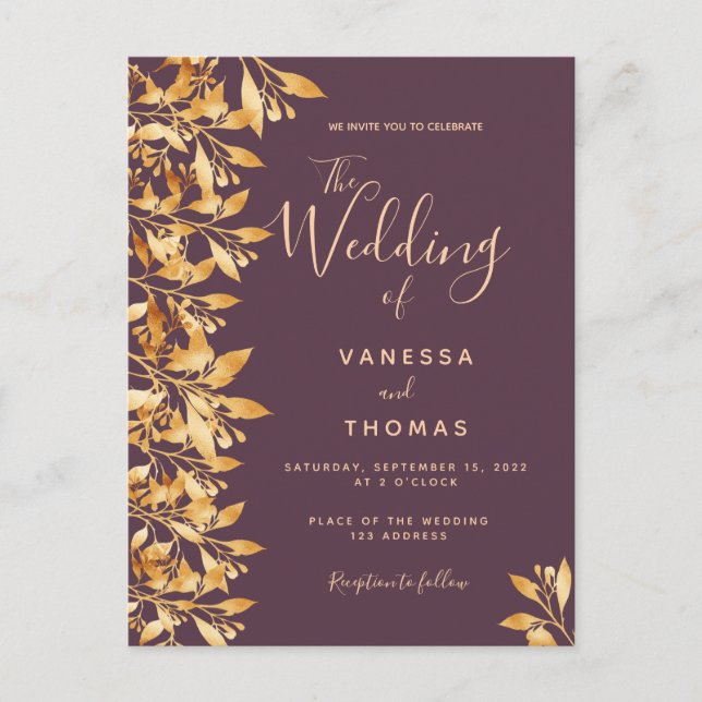 Cassis lila guld botaniska bröllopsinbjudan vykort (Framsida)