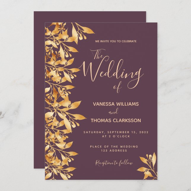 Cassis lila guld botaniskt skript bröllop inbjudningar (Fram/baksida)
