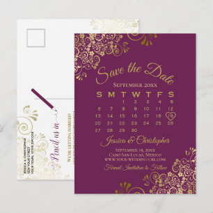 Cassis Lila Guld Bröllop Save the Date-kalender Meddelande Vykort