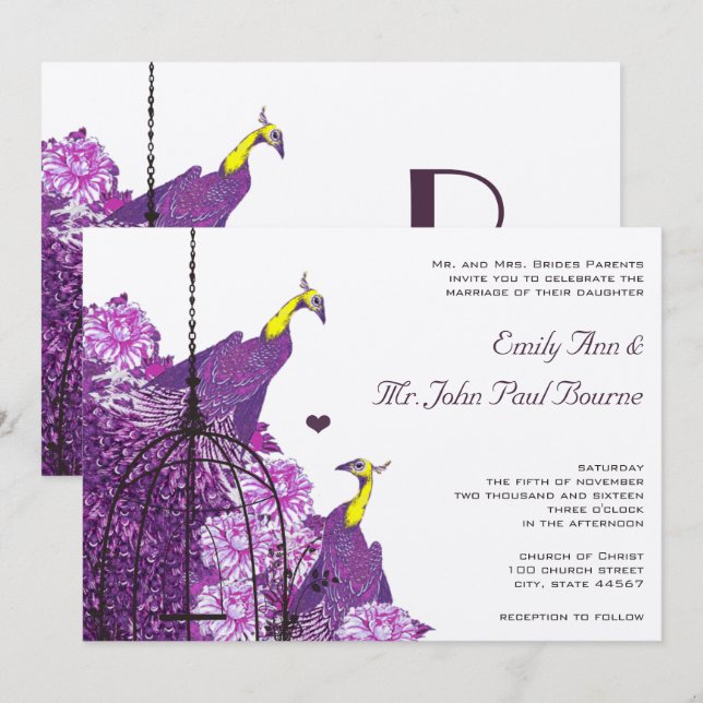Cassis Lila Neo Lemon Peacock Peony Birdcage Inbjudningar (Fram/baksida)