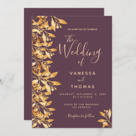 Cassis maroon guld botaniskt skript bröllop inbjudningar